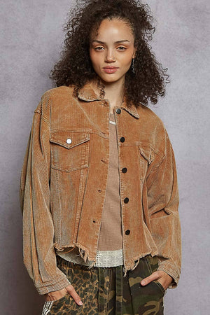 Pocket front button down distressed hem corduroy jacket