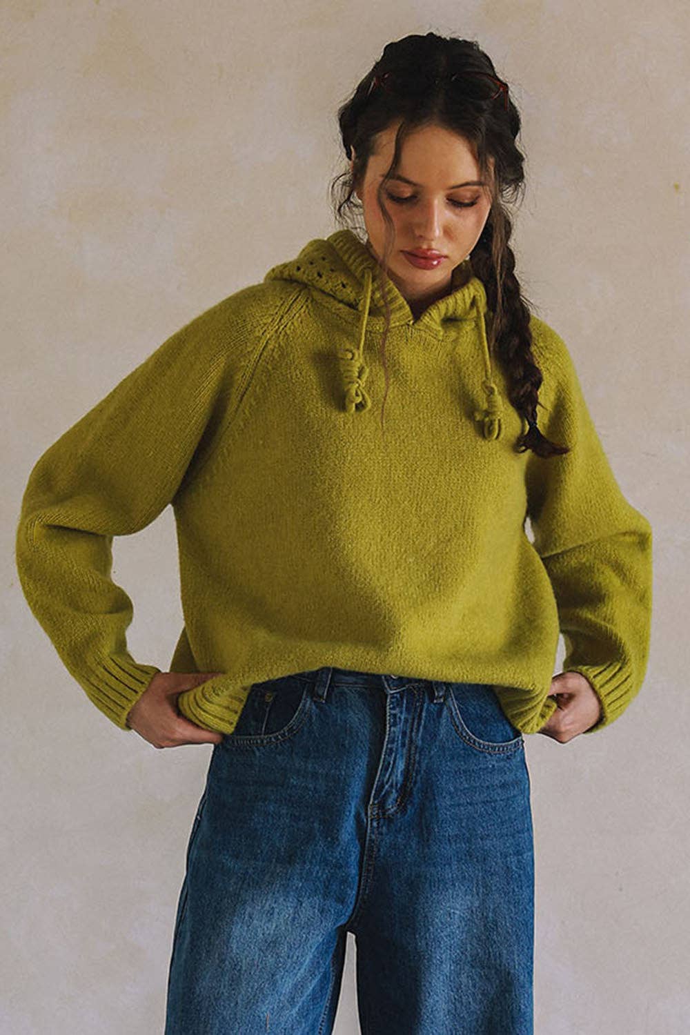 Mixed Knit Hooded Sweater – Olive