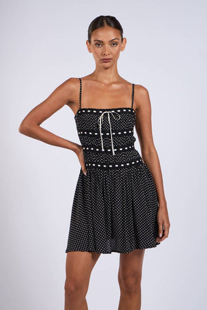 Black & White Polka Dot Tiered Lace-Trim Mini Dress