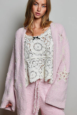 Star Patch Berber Open-Front Cardigan – Baby Pink