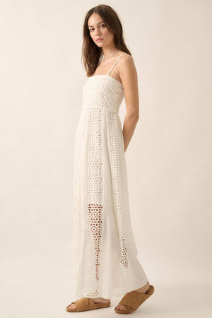 White Crochet Lace and Crepe Paneled Maxi Dress