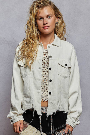 Pocket front button down distressed hem corduroy jacket