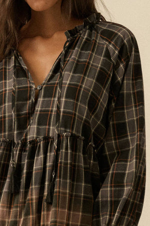Ombre Plaid Flannel Tiered Ruffle Midi Dress