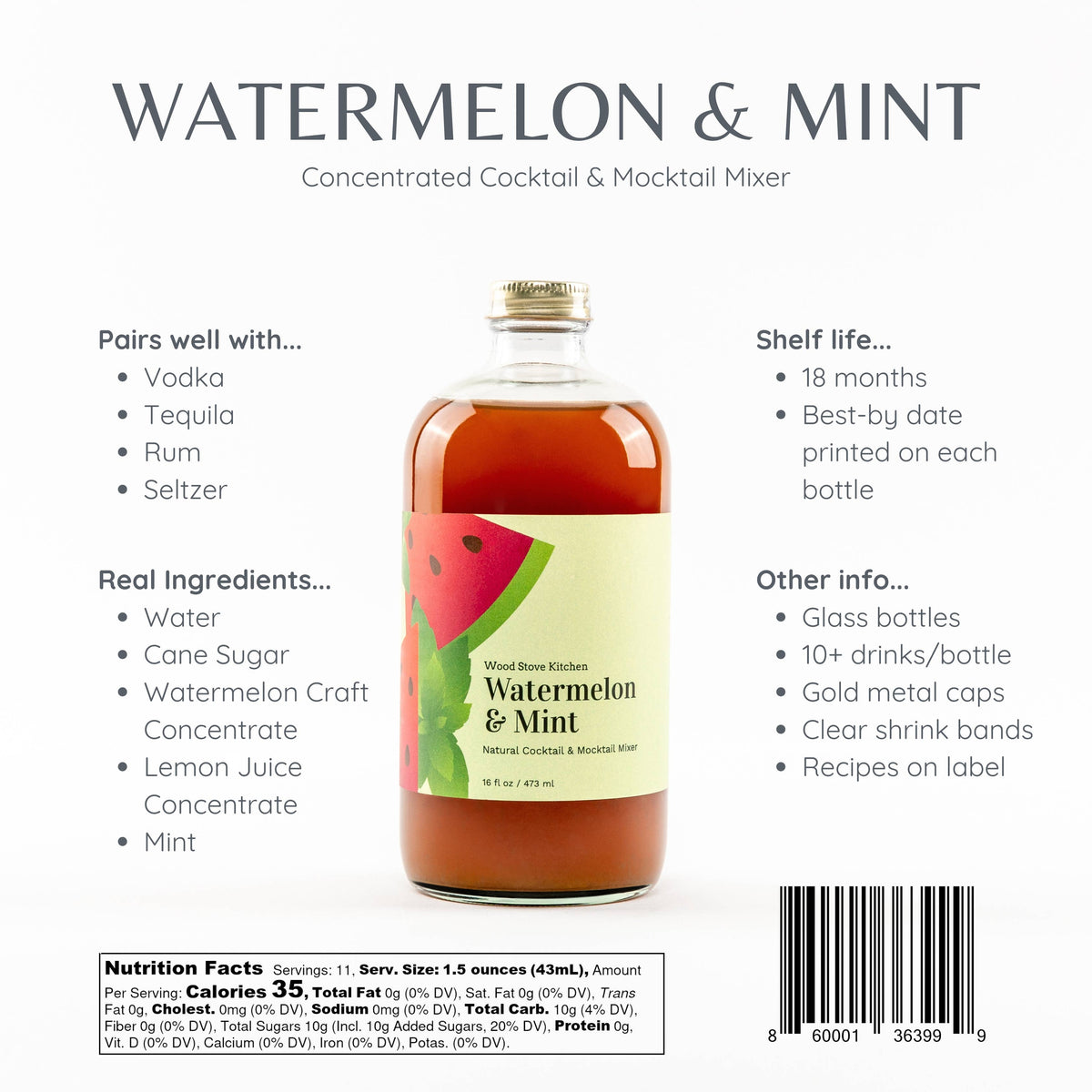 Watermelon & Mint Cocktail and Mocktail Mixer 16 fl oz