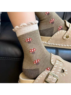 Rufia - Mushroom Print Ruffle Crew Sock