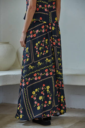 Woven Rayon Spandex Floral Print Midi Skirt