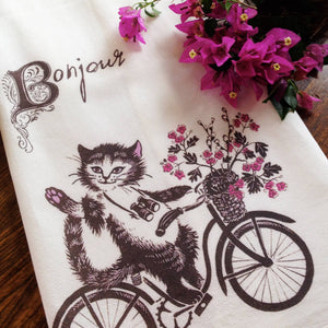 Bonjour Cat Kitchen Tea Towel Flour Sack Cotton