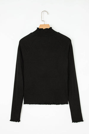 Ribbed Knit Lettuce Trim High Neck Long Sleeve Top