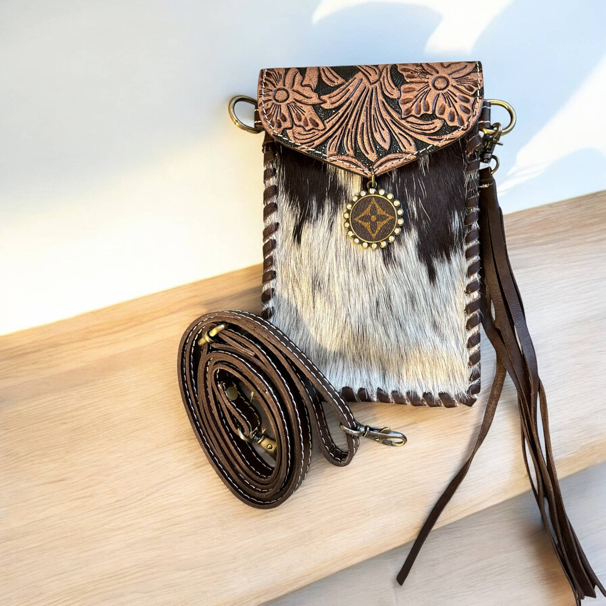 Tooled Brown Cowhide Phone Crossbody