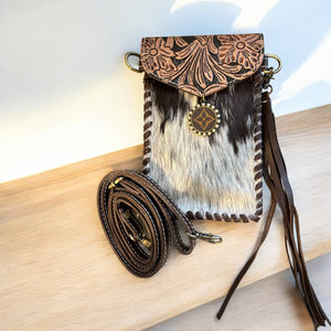 Tooled Brown Cowhide Phone Crossbody
