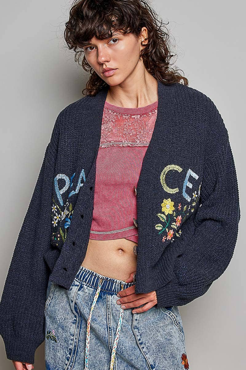 Embroidered Peace Knit Cardigan – Charcoal