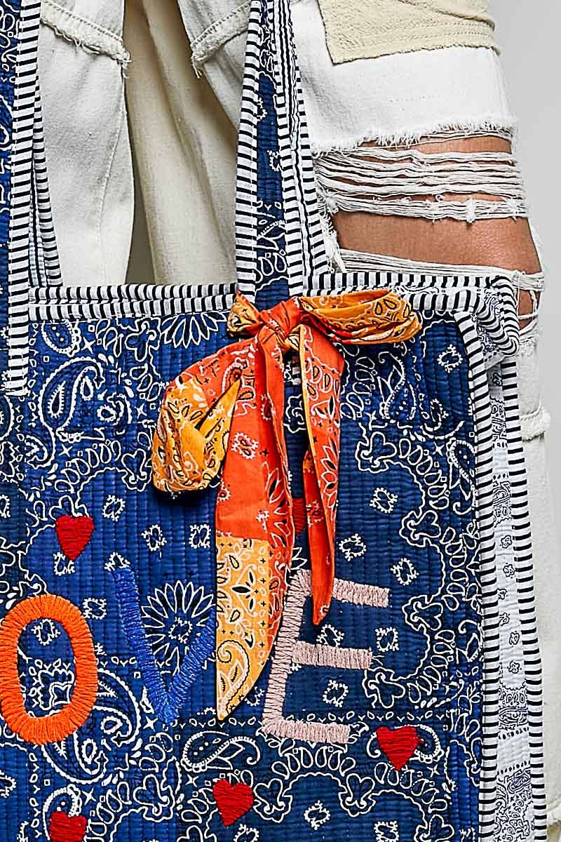 Quilted Indigo Paisley LOVE Tote Bag