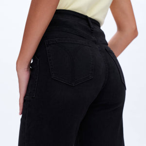 Black High Rise Wide Leg Jean with Raw Hem