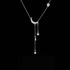 Moon Star Layered Tassel Necklace in 925 Sterling Silver