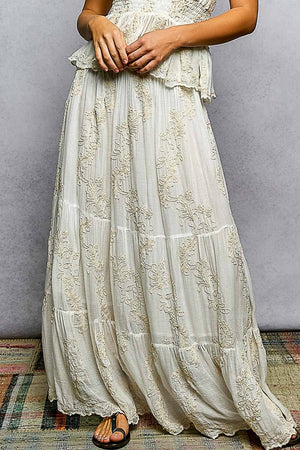 Embroidered Viscose Smocked Waistband Maxi Skirt