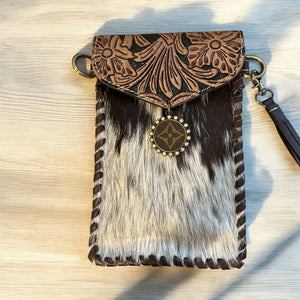 Tooled Brown Cowhide Phone Crossbody