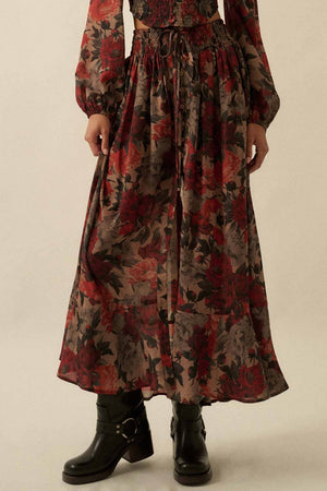 Floral-Print Drawstring Button-Front Maxi Skirt