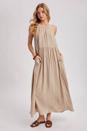 Gathered Halter Neck Flowy Maxi Dress