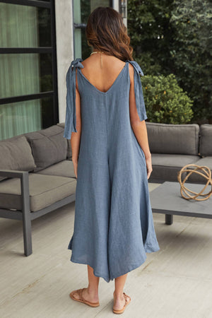 TIE SHOULDER V-NECK LINEN JUMPSUIT