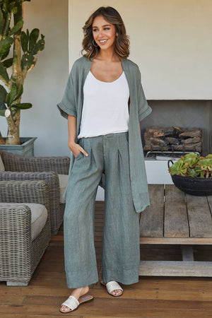 Linen Open Short Sleeve Cardigan with Mesh Detail