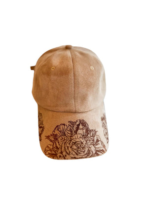 Suede Baseball Hat Burnt Hat Rose Design 