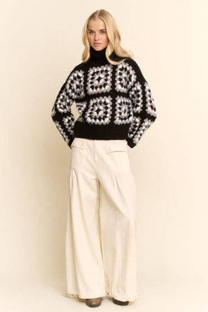 Granny Square Cropped Turtleneck Sweater Top