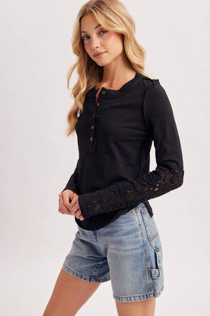 Crochet Patch Sleeve Half-Button Top