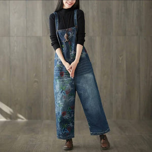 Floral Bleached Denim Overall Jeans
