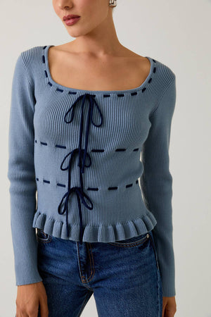 Blue Ribbed Bow Cardigan Sweater
