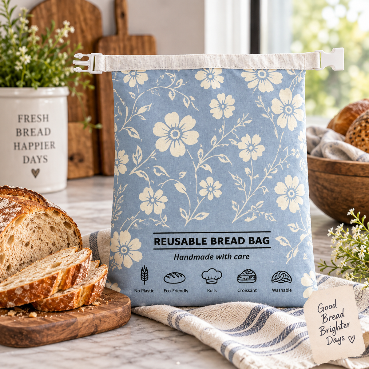 Into the Blue Fields Beeswax-Lined Reusable Bread Bag