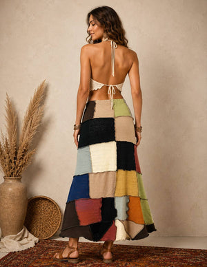 Bohemian Patchwork Colorblock Knit Maxi Skirt