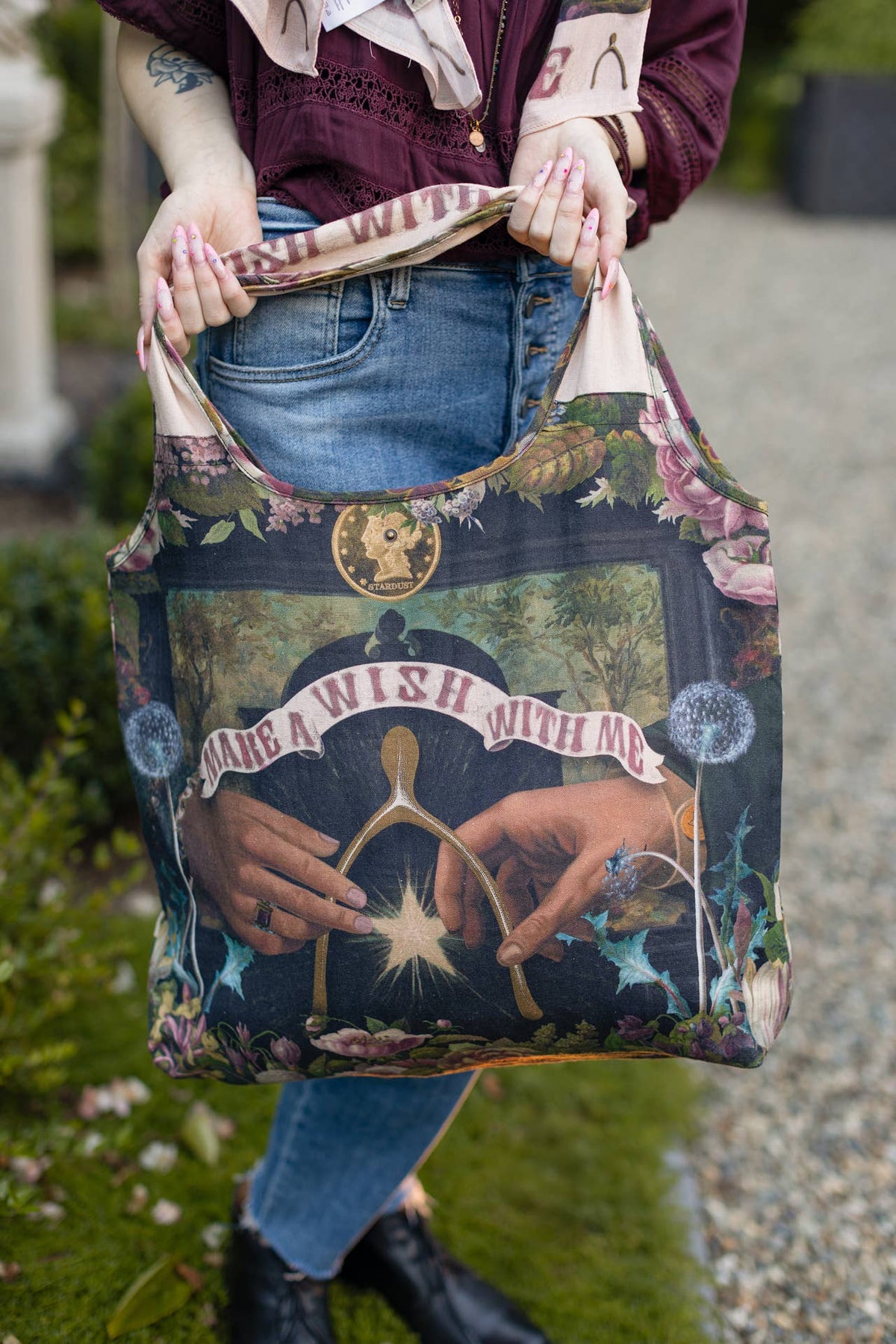 Make a Wish Floral Boho Linen Tote Bag w/ Wishbone Dandelion