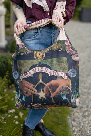 Make a Wish Floral Boho Linen Tote Bag w/ Wishbone Dandelion