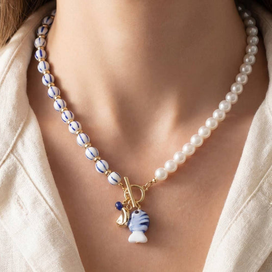 Blue Stripe Pearl Toggle Fish Pendant Necklace