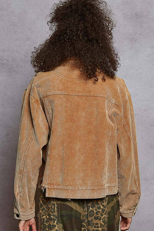 Pocket front button down distressed hem corduroy jacket