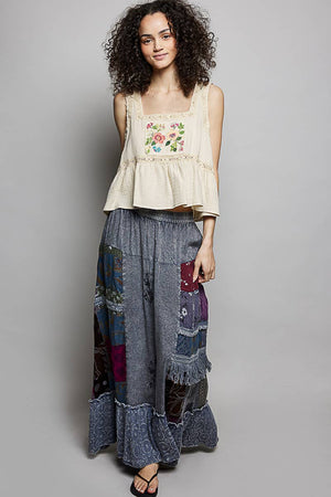 Print Patch Vintage Washing Ruffle Long Skirt