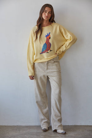 Bird Print Knit Pullover Sweater – Creamy Yellow