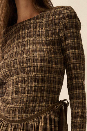 Plaid Long-Sleeve Smocked Drop-Waist Midi Dress
