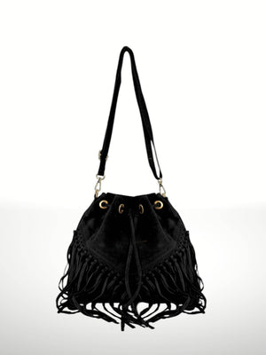 Emanuela Suede Leather Fringe Bag - Gray