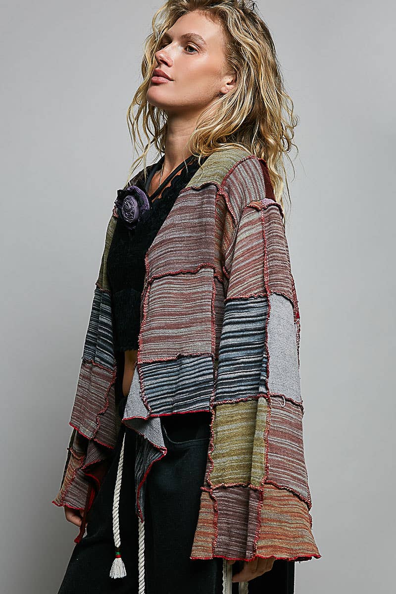 Cropped Patchwork Open-Front Cardigan