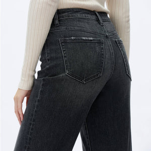 Dark Grey Washed Denim Mid Rise Wide Leg Jeans with Raw Hem