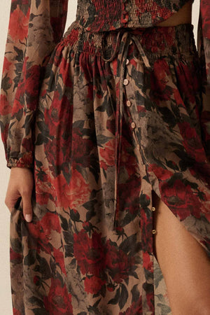 Floral-Print Drawstring Button-Front Maxi Skirt