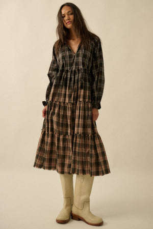 Ombre Plaid Flannel Tiered Ruffle Midi Dress
