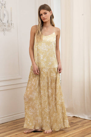 Satin Bodice Chiffon Pleated Midi Dress