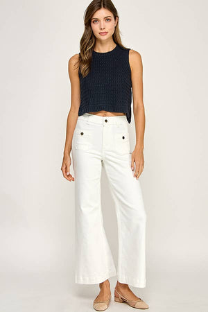 Front Flap Pocket Wide Leg Jeans (White)