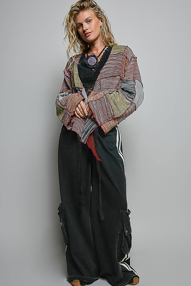 Cropped Patchwork Open-Front Cardigan