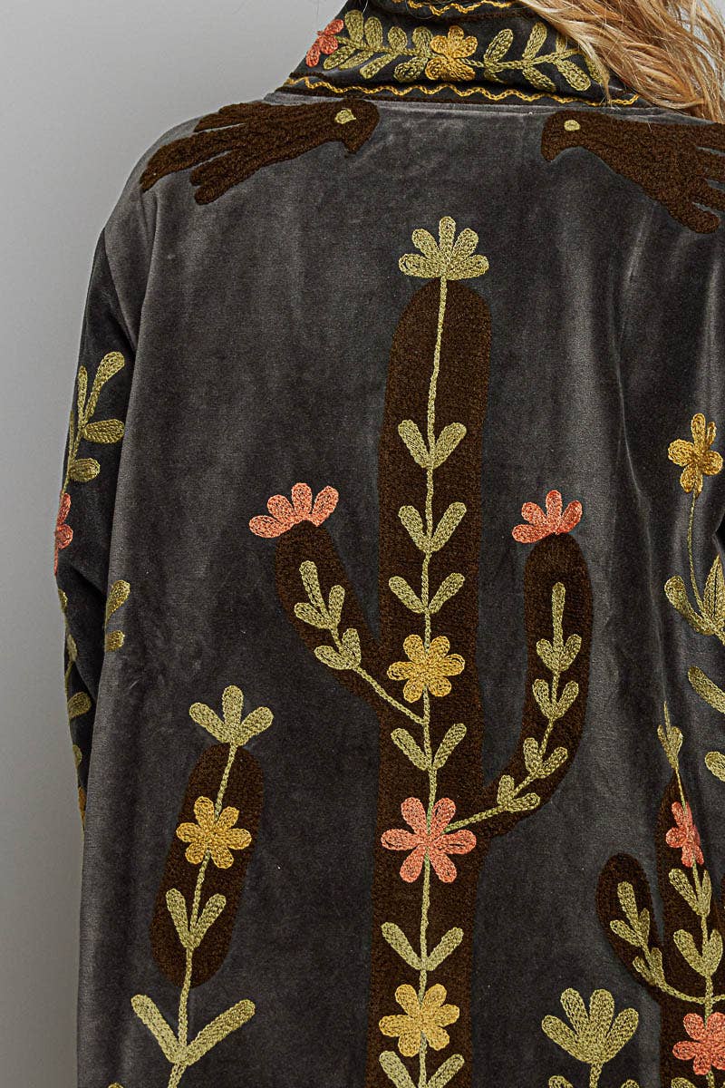 Floral Vine Embroidered Velvet Jacket – Charcoal