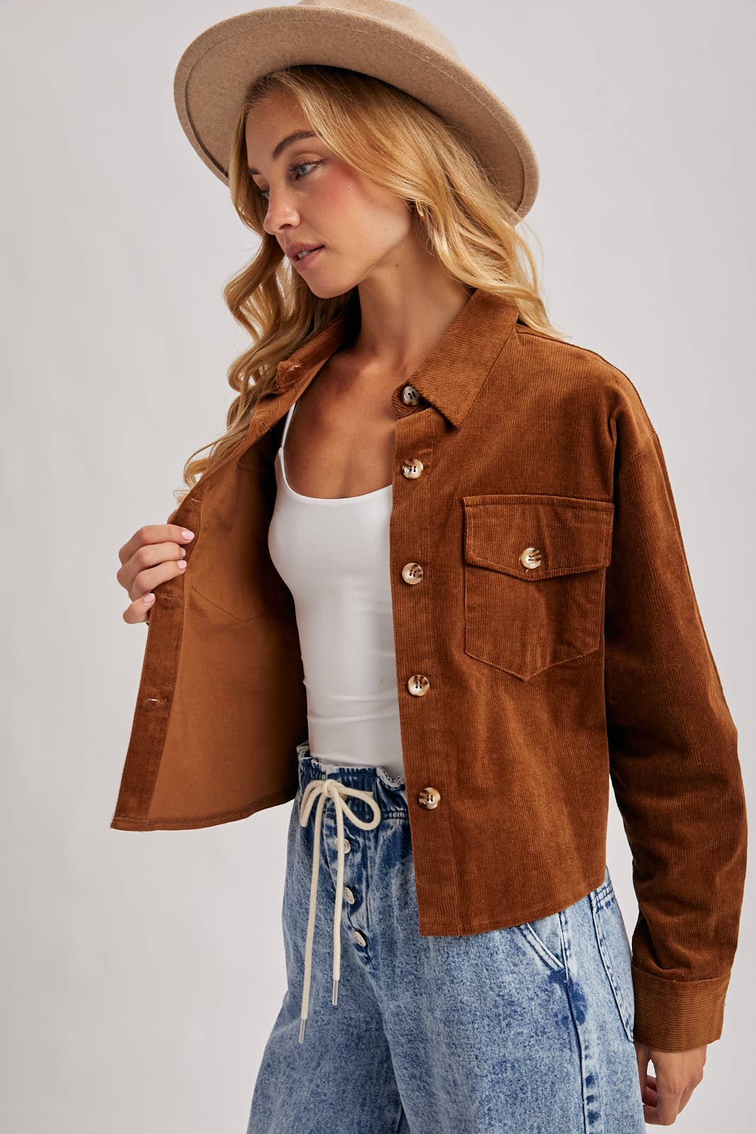 CORDUROY CROPPED BUTTON DOWN SHIRT JACKET