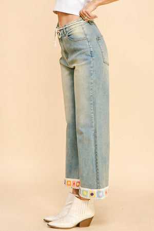 CROCHET TRIM STRAIGHT LEG DENIM JEANS