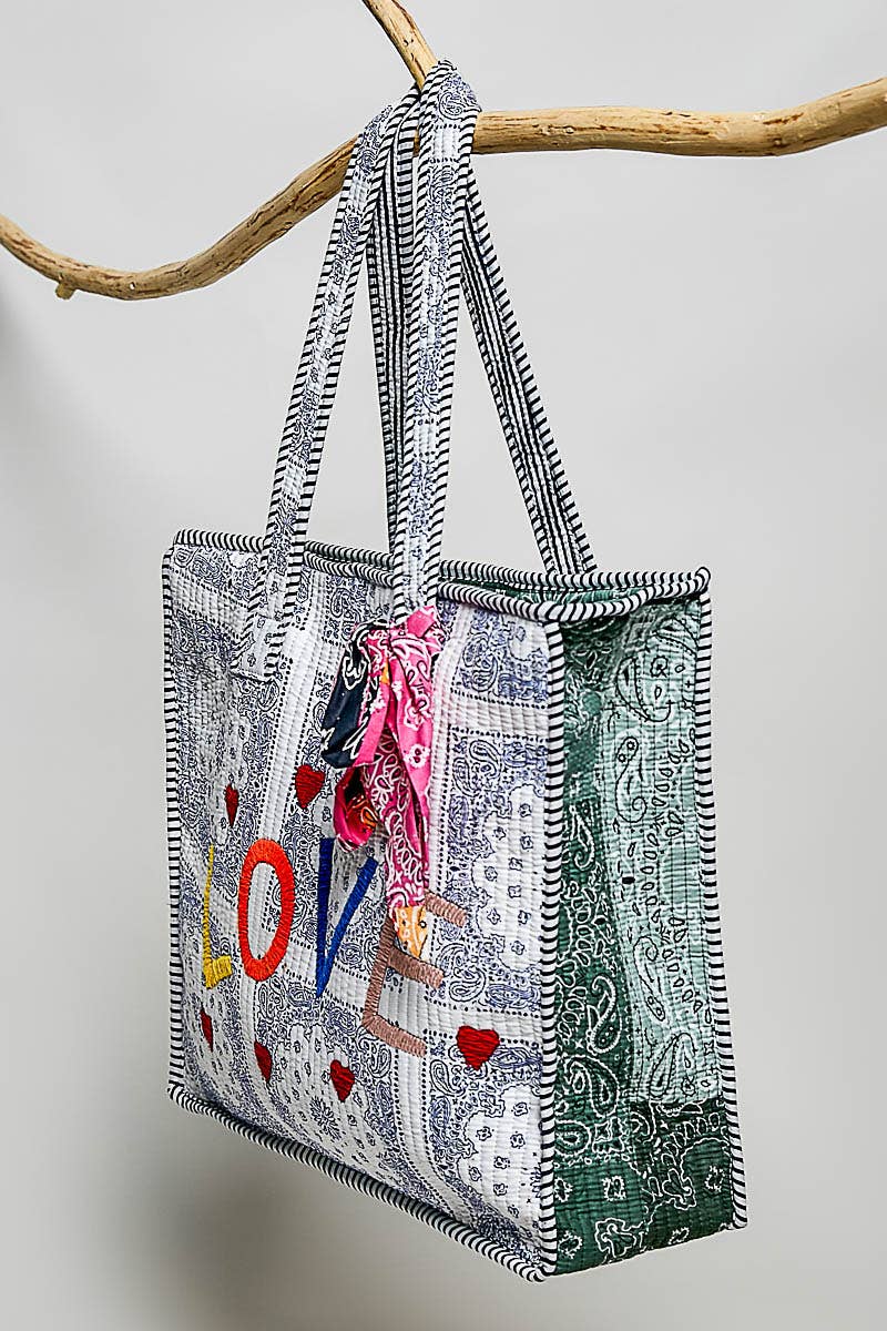 Quilted Natural Paisley LOVE Tote Bag